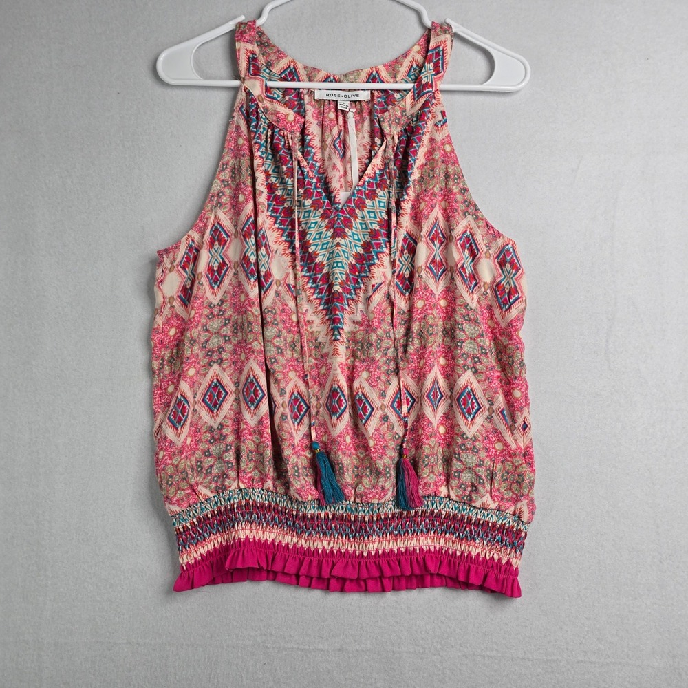 Rose Olive Boho Tribal Print Halter Neck Smocked Waist Tassel Top Womens L boho‎